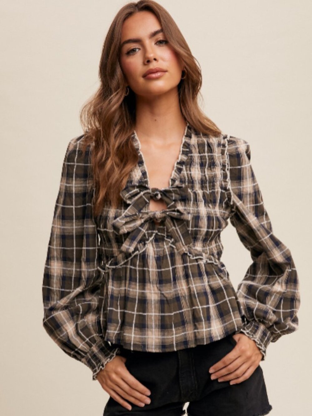 Listicle Brown Plaid Ruffle Tie-Front Blouse